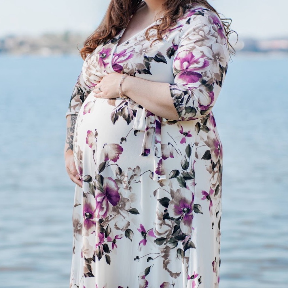 PinkBlush White Floral Plus Maternity/Nursing Wrap Maxi Dress